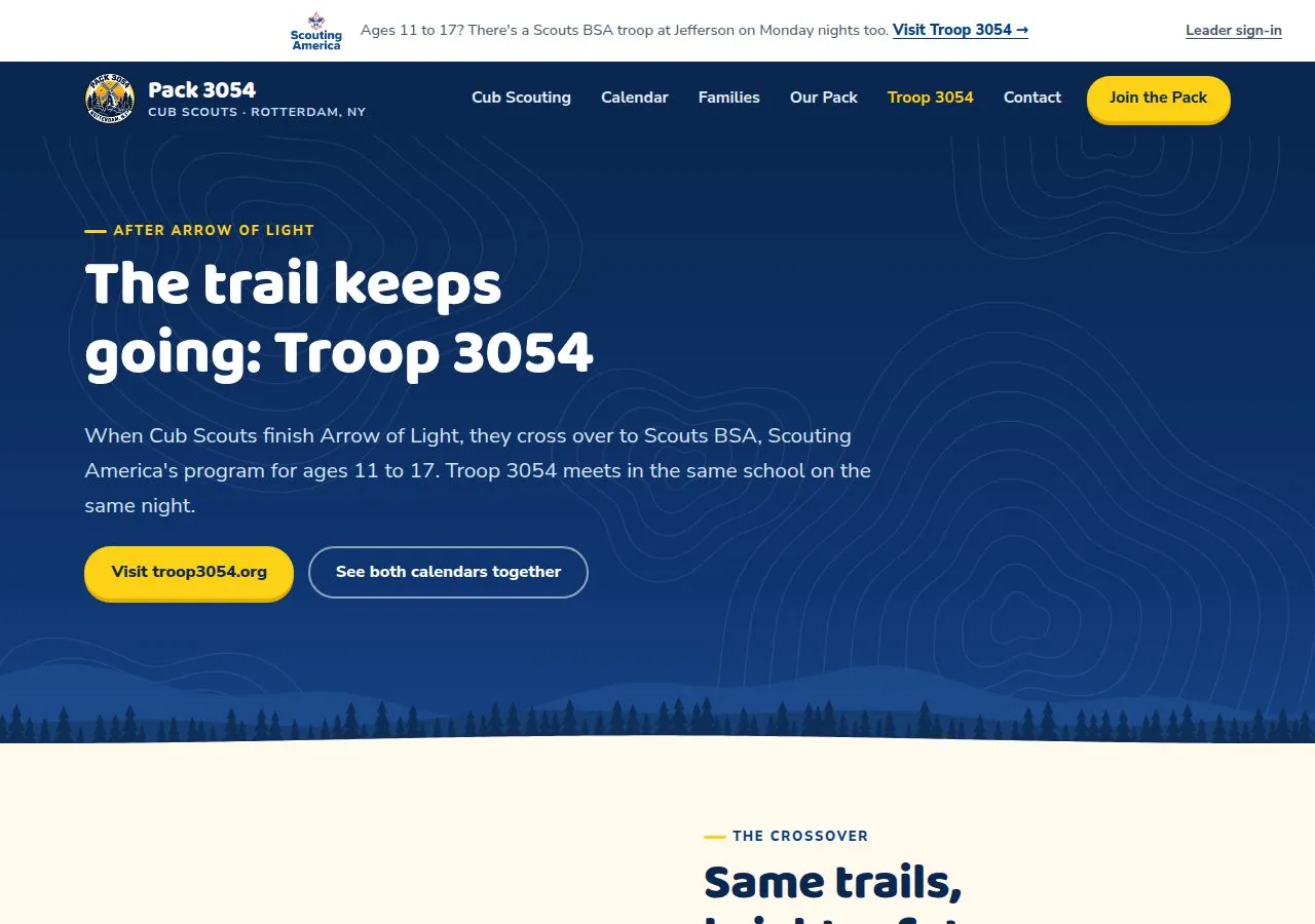 pack3054.org page pointing Arrow of Light families to Troop 3054