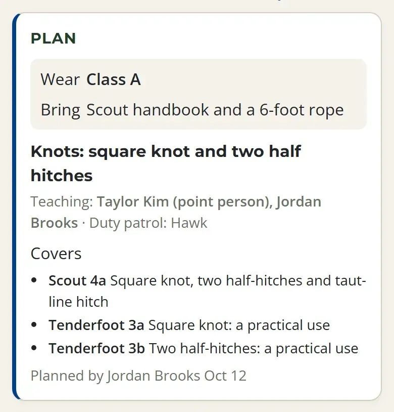 Meeting Plan card: what to wear and bring, the focus, who is teaching, and the rank requirements it covers