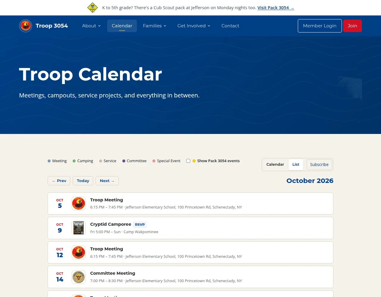 troop3054.org public calendar, list view