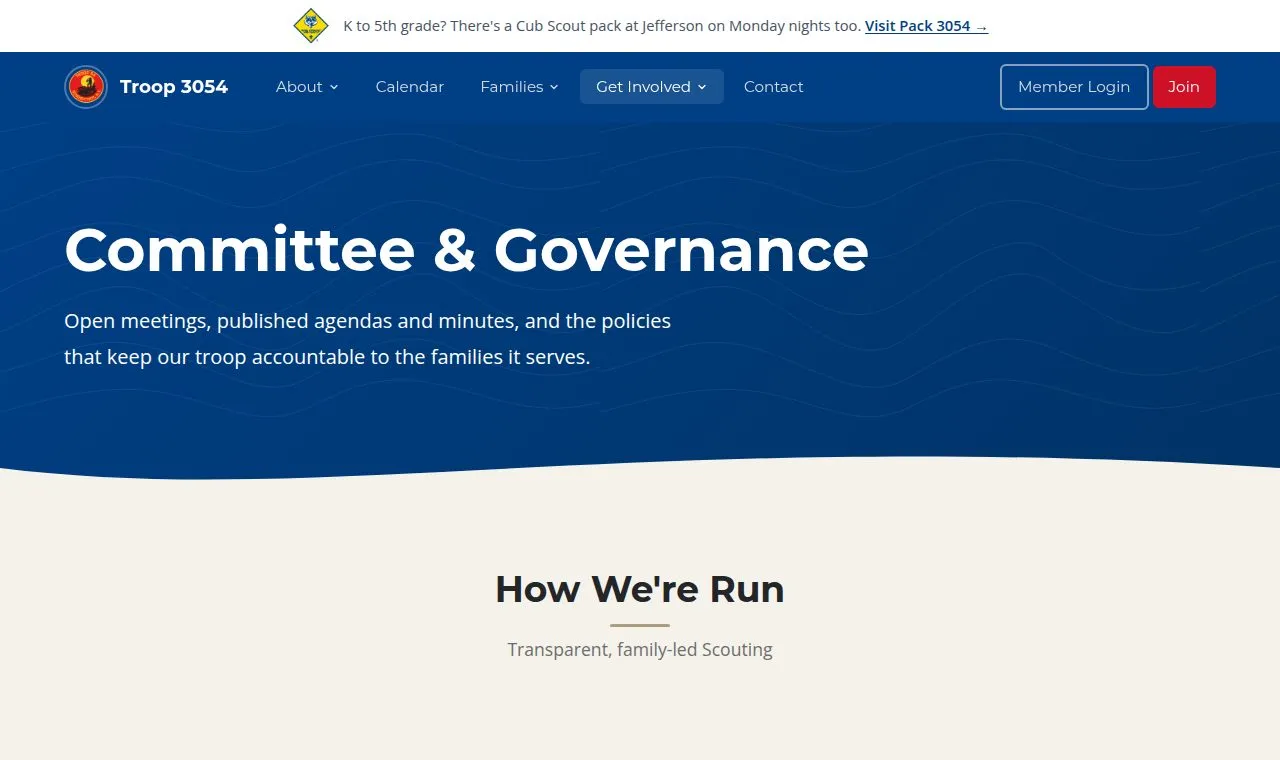 troop3054.org Committee and Governance page