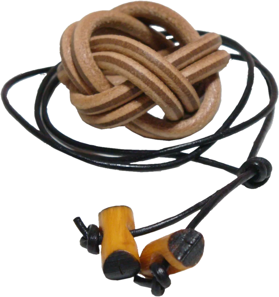 Wood Badge beads on a leather thong, with the leather woggle